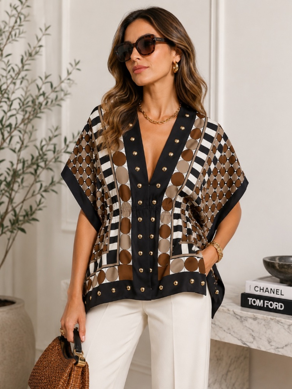 MICHAEL Michael Kors 100% Silk Geometric Studded Caftan Tunic S/M 4 6 8
